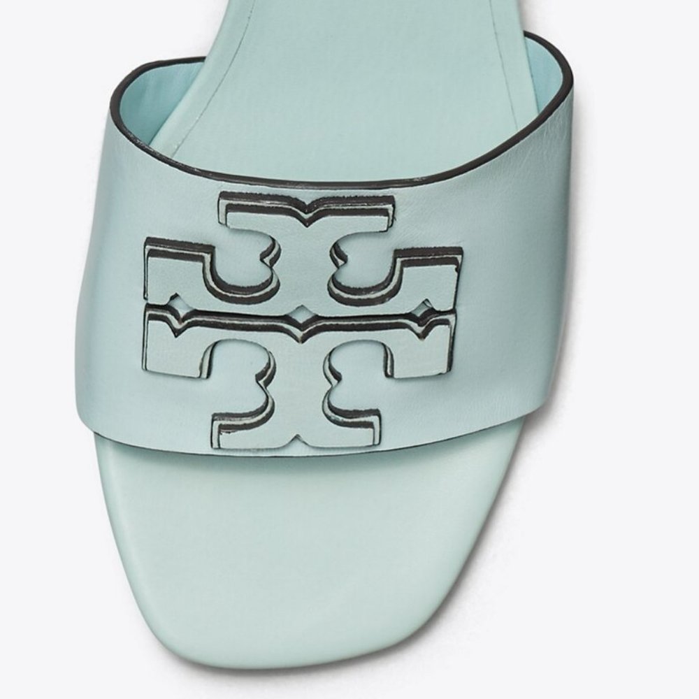 Tory Burch $298 Ines 55MM Leather Mules Blue Turquoise Sea Bubble Mid Heel - Picture 9 of 9